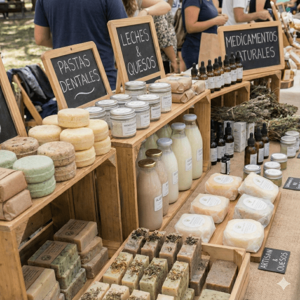jabones, shampoo sólido, pastas dentales, leches naturales, quesos, medicamentos naturales